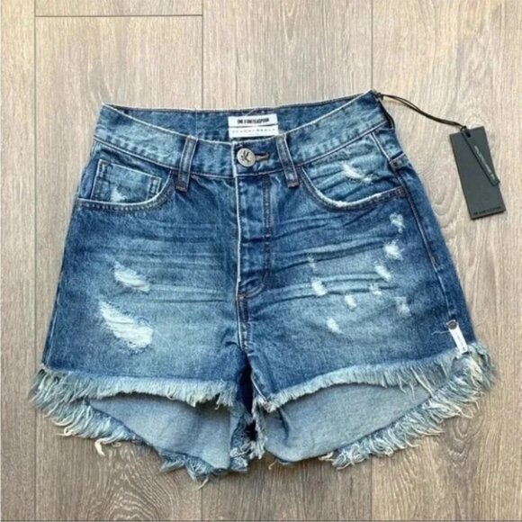 One Teaspoon High Waist Bonita Jean Shorts Blue Fringe Distressed Denim Cutoffs - Picture 4 of 15